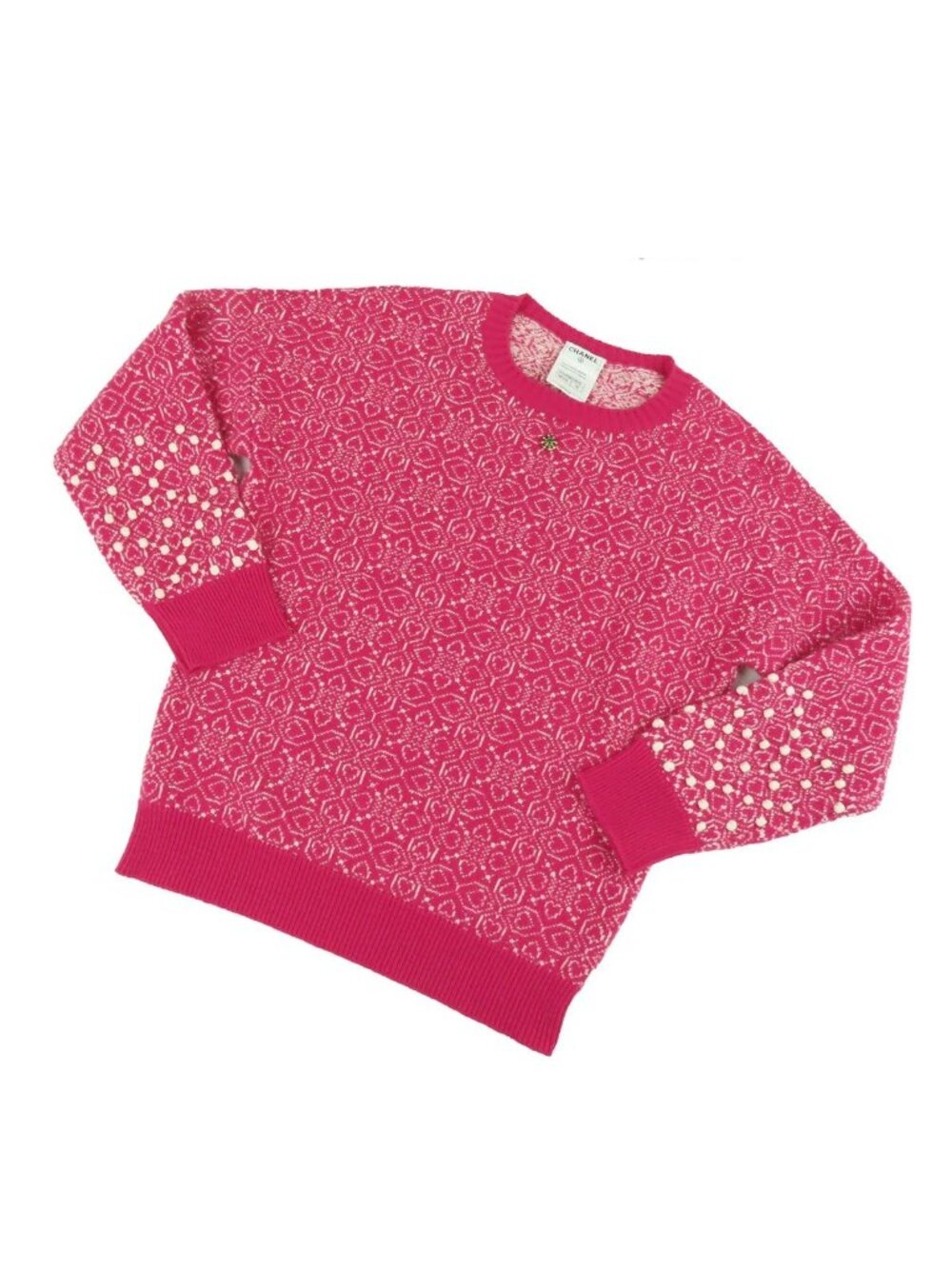 Chanel Knit Pink White Cashmere Long Sleeve Sweater Glitter Heart Top 40